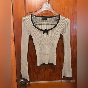 The workshop brown and black flare sleeve ribbed sweater black rhinestone bow
